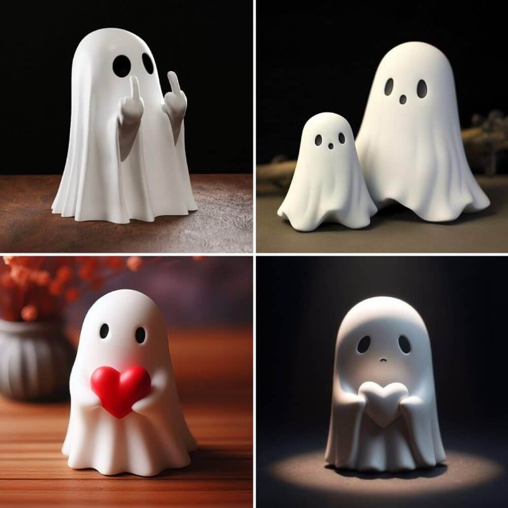 Loving Ghost resin crafts featuring white and red love ghost figures with simple modern design.