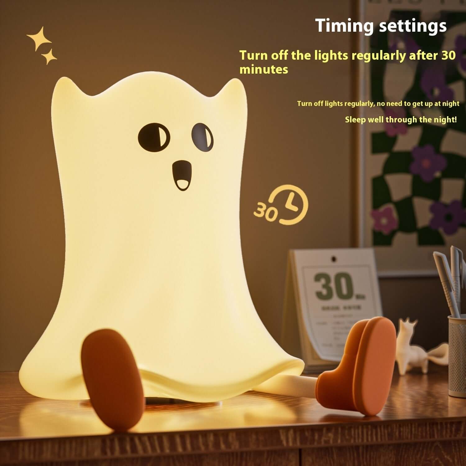 Cute Ghost Lamp with timer settings for a soothing glow, perfect for children's rooms.
